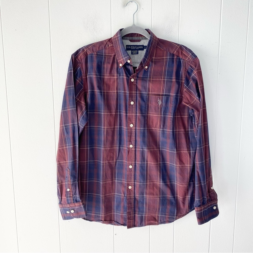 U.S. Polo Assn. Shirt Mens Large Red Blue Plaid Button Down Top - Picture 1 of 9
